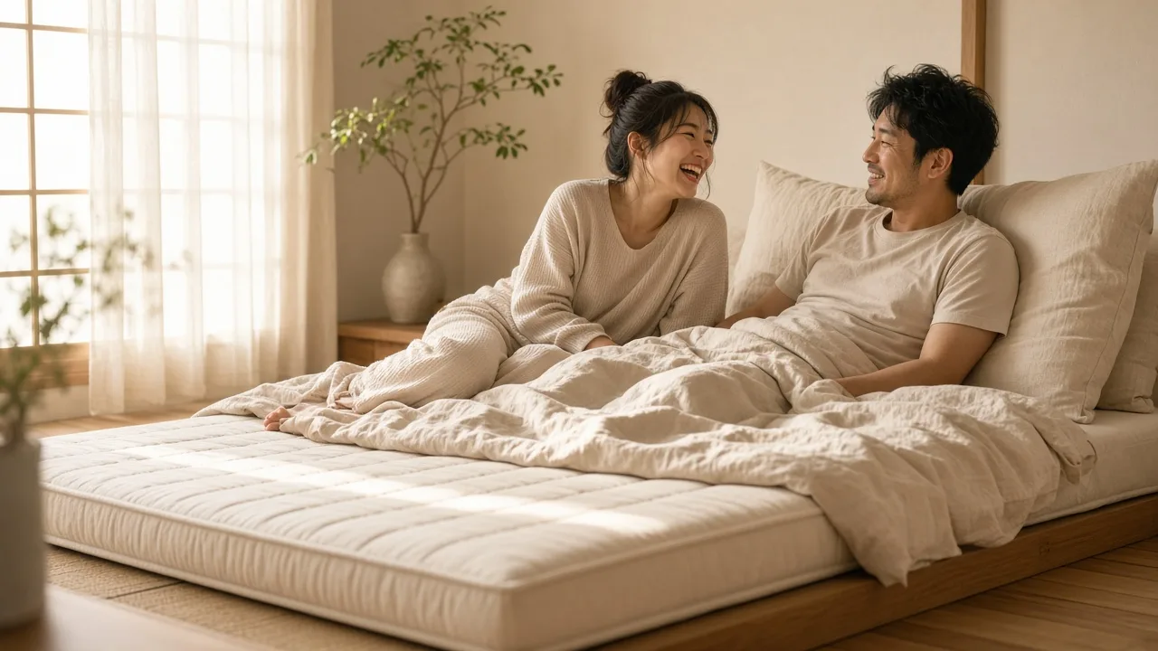 A couple relaxing together on a cream mattress in a sunlit bedroom at home