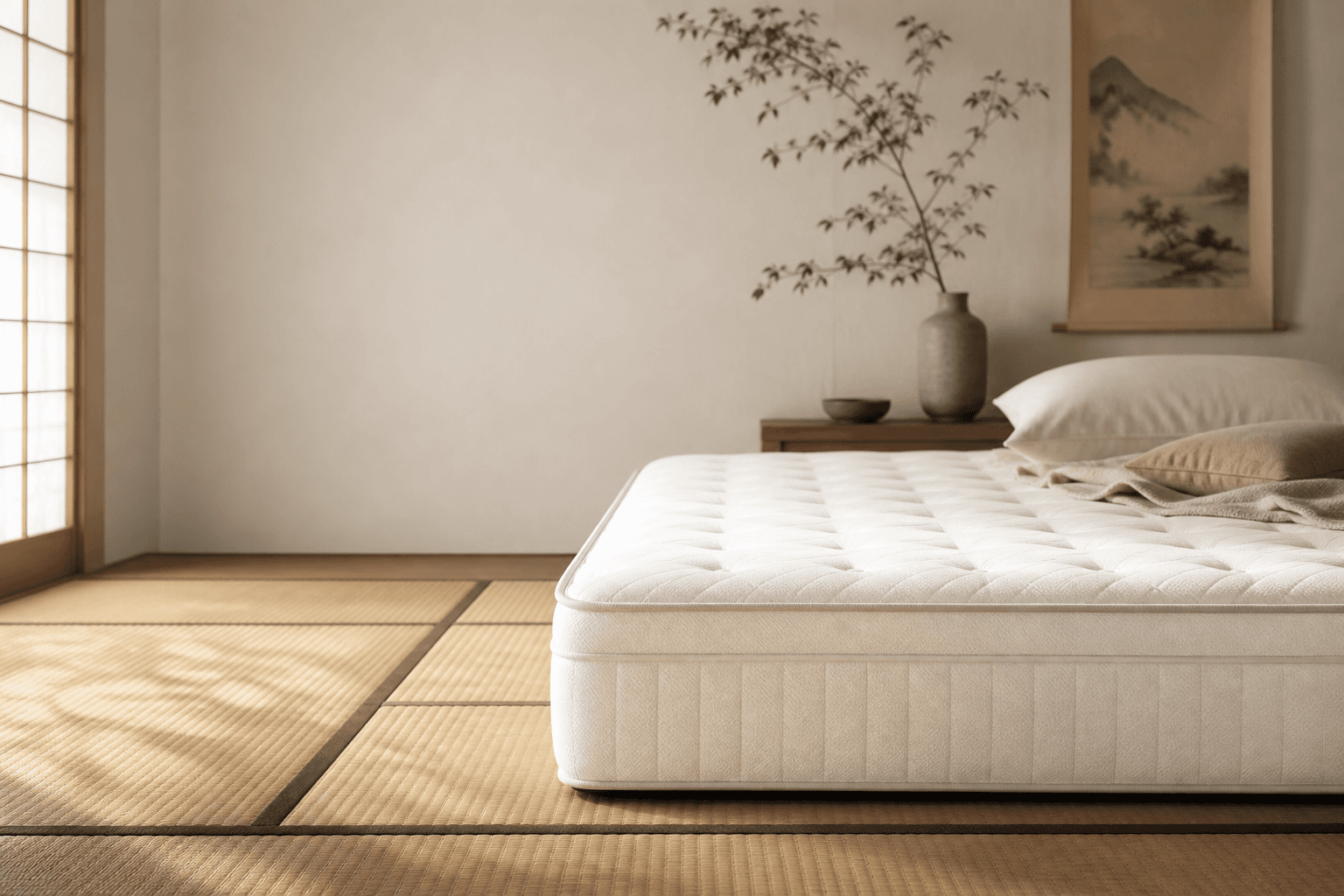 Low-profile tatami mattress and floor mat setup in a bedroom